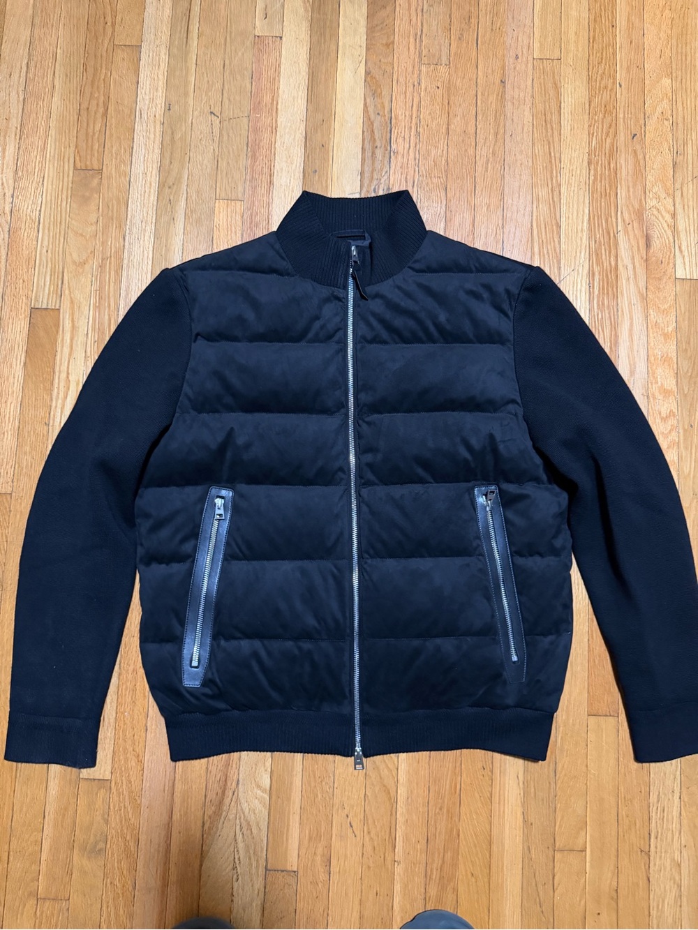 Suede Leather Black Quilted Puffer Jacket with Knit Sleeves and Goose Down